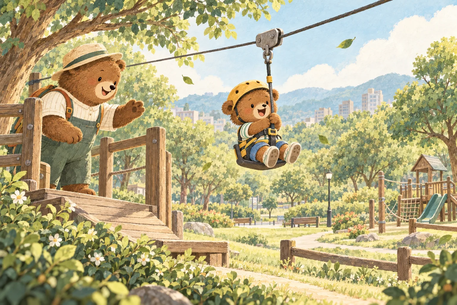 BabyKaka 原創繪本插畫：照顧者陪伴孩子體驗公園座式滑索，非場館實景