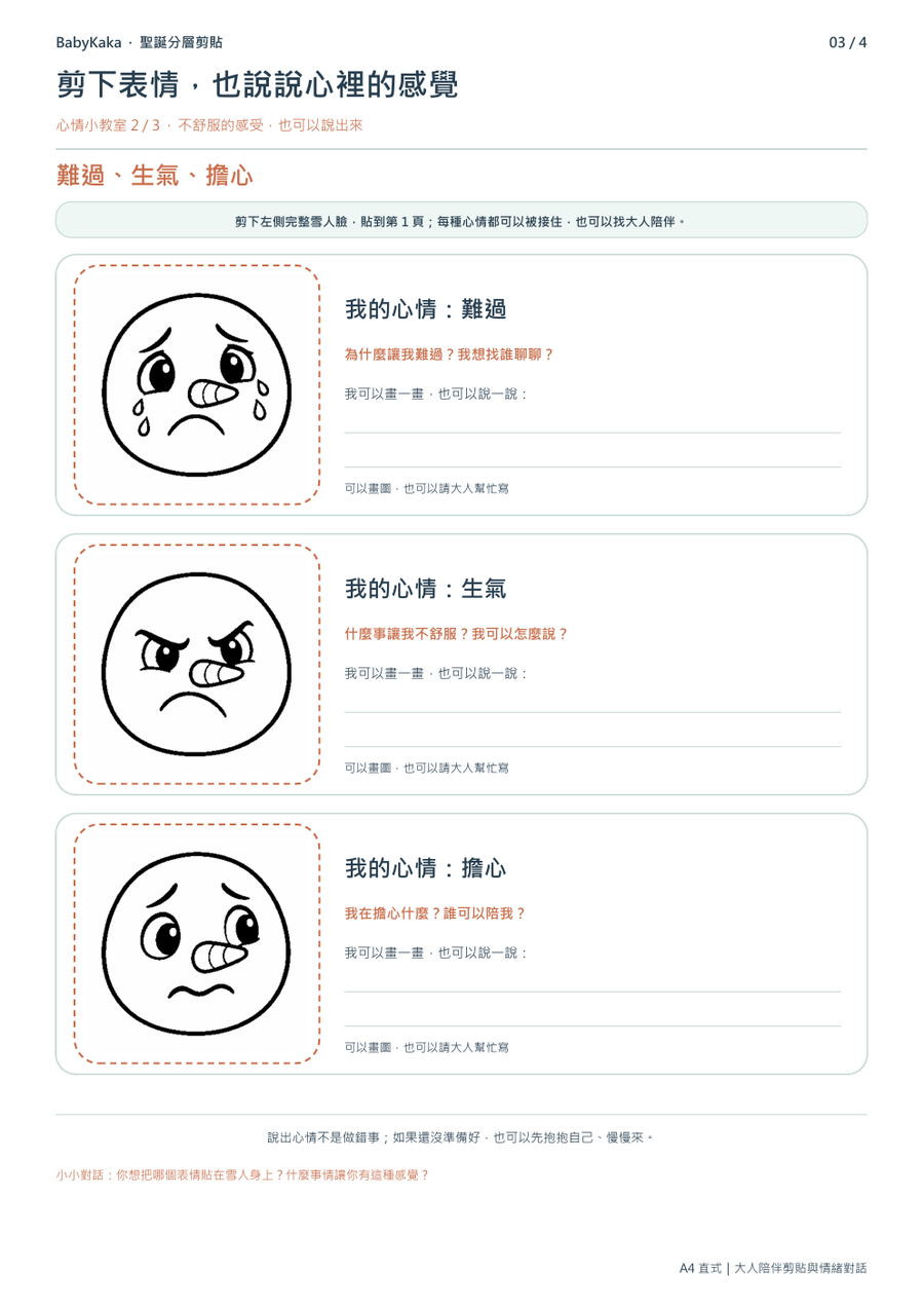難過、生氣、擔心三種雪人表情與情緒提問